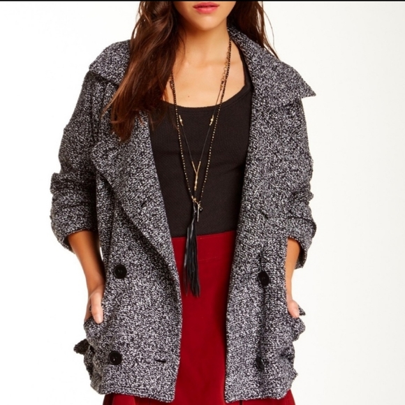 FREE PEOPLE Cotton Wool Blend Slouchy Moto Black and White Jacket size XS - Picture 1 of 7